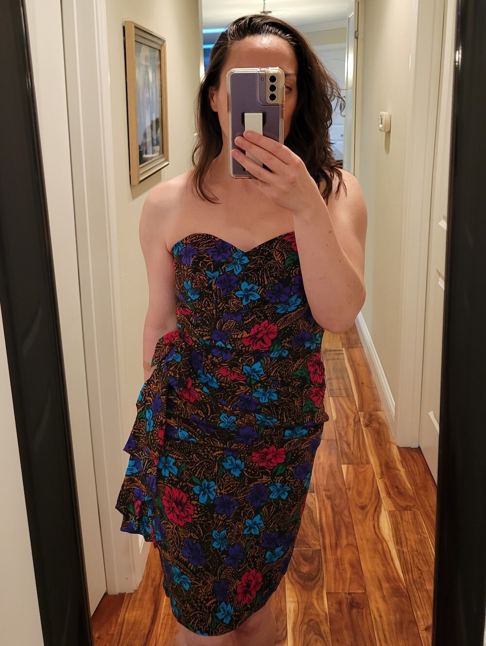 Vintage Floral Strapless Dress Ruched Bright Tropical Cocktail Dress